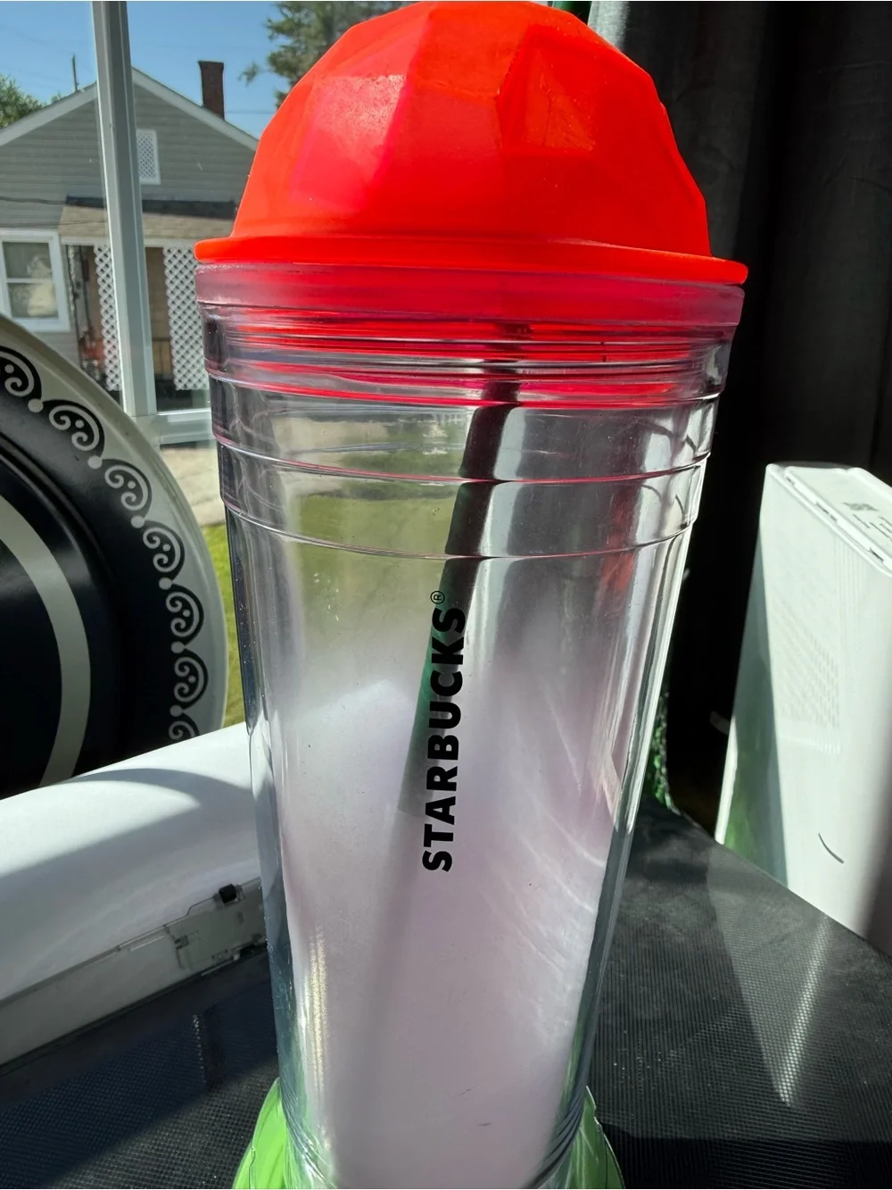 Starbucks Clear Tumbler with Neon Pink Dome Lid and Green Flat lid